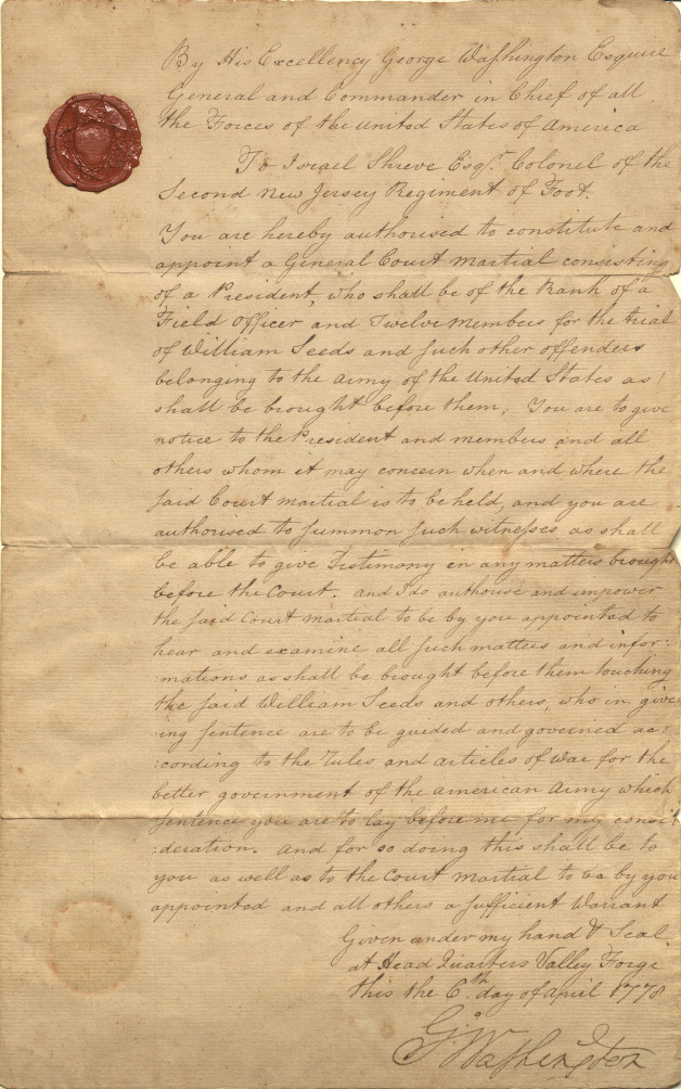 Letter written by General George Washington authorizing court martial proceedings for an American soldier.