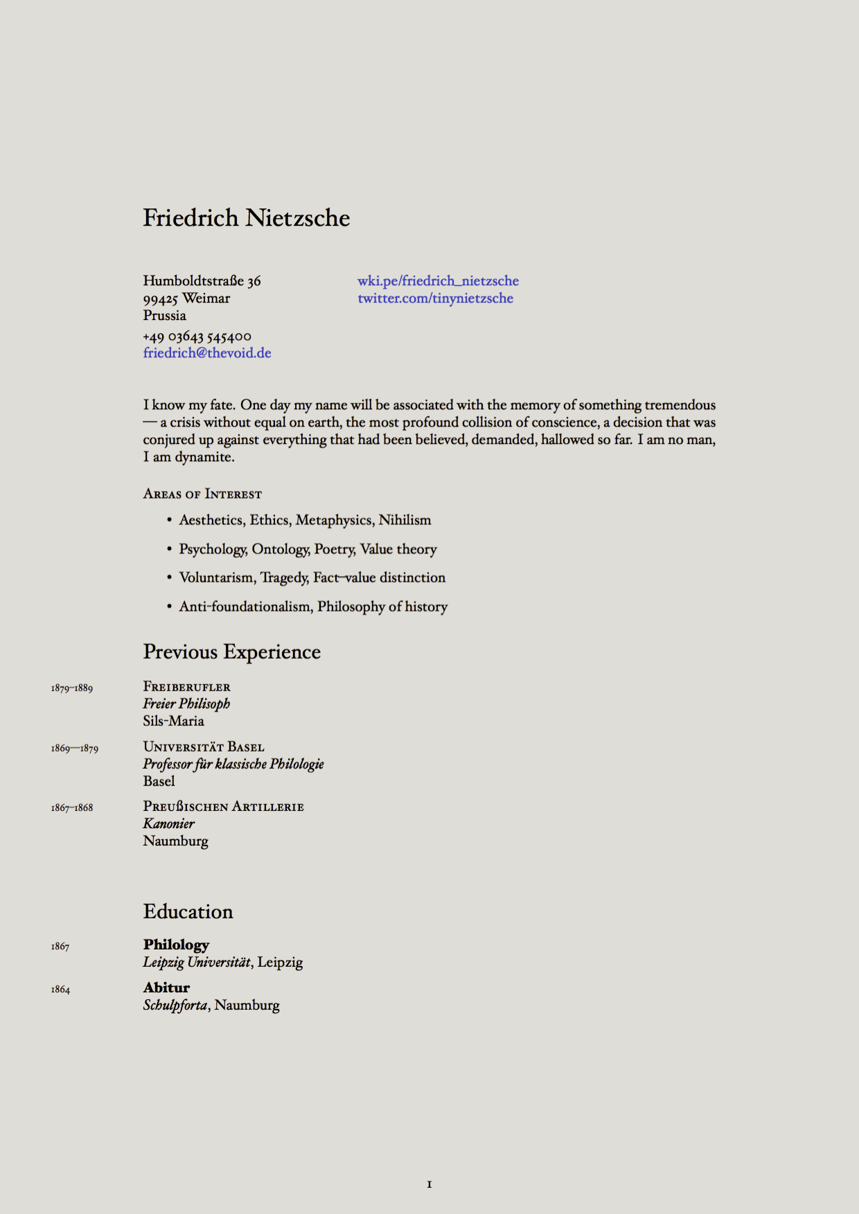 Imagined CV for Friedrich Nietzsche